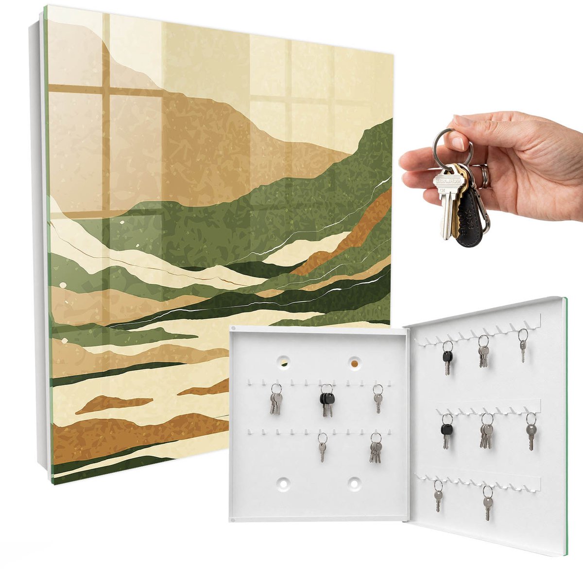 WallMuralia - Sleutelkast - 30x30x5 cm - met 50 haken - Bergvrede Sleutelkastje Klein - Beige Sleutelbox - Rechtsopenend - Wit interieur