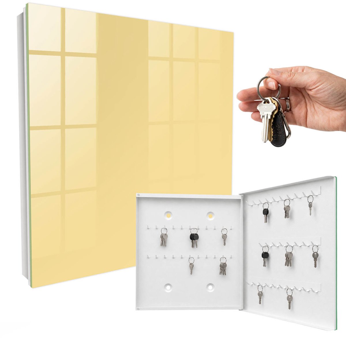 WallMuralia - Sleutelkast - 30x30x5 cm - met 50 haken - Crèmegeel Sleutelkastje Huis - Romig Sleutelbox - Rechtsopenend - Wit interieur