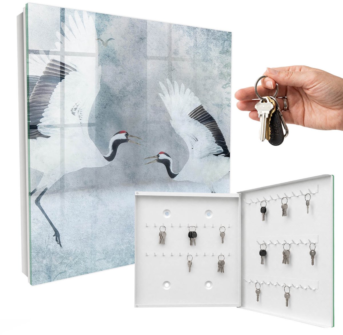 WallMuralia - Sleutelkast - 30x30x5 cm - met 50 haken - Kraanvogels In Vlucht Sleutelkastje Huis - Wit Sleutelbox - Rechtsopenend - Wit interieur