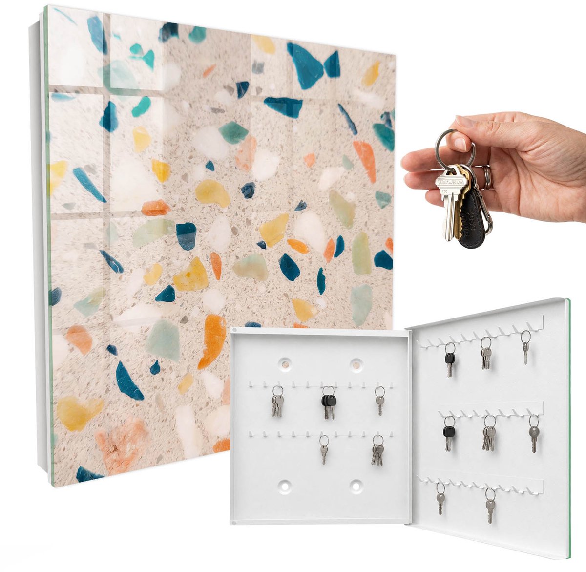 WallMuralia - Sleutelkast - 30x30x5 cm - met 50 haken - Creatieve Mozaïek Sleutelkastje Voor Binnen - Wit Sleutelbox - Rechtsopenend - Wit interieur