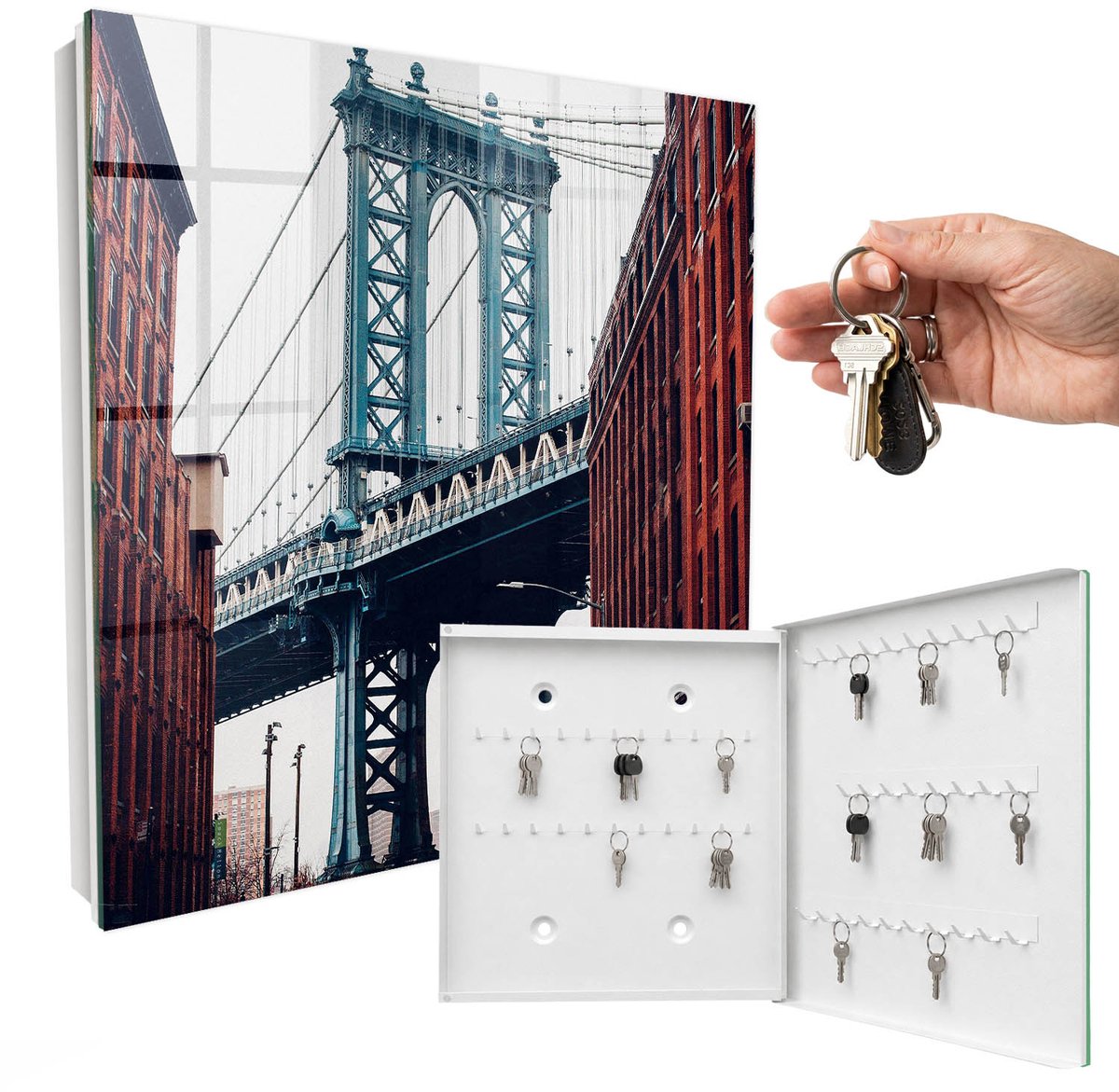 WallMuralia - Sleutelkast - 30x30x5 cm - met 50 haken - Stadsbrug Design Sleutelkastje - Rood Sleutelbox - Rechtsopenend - Wit interieur