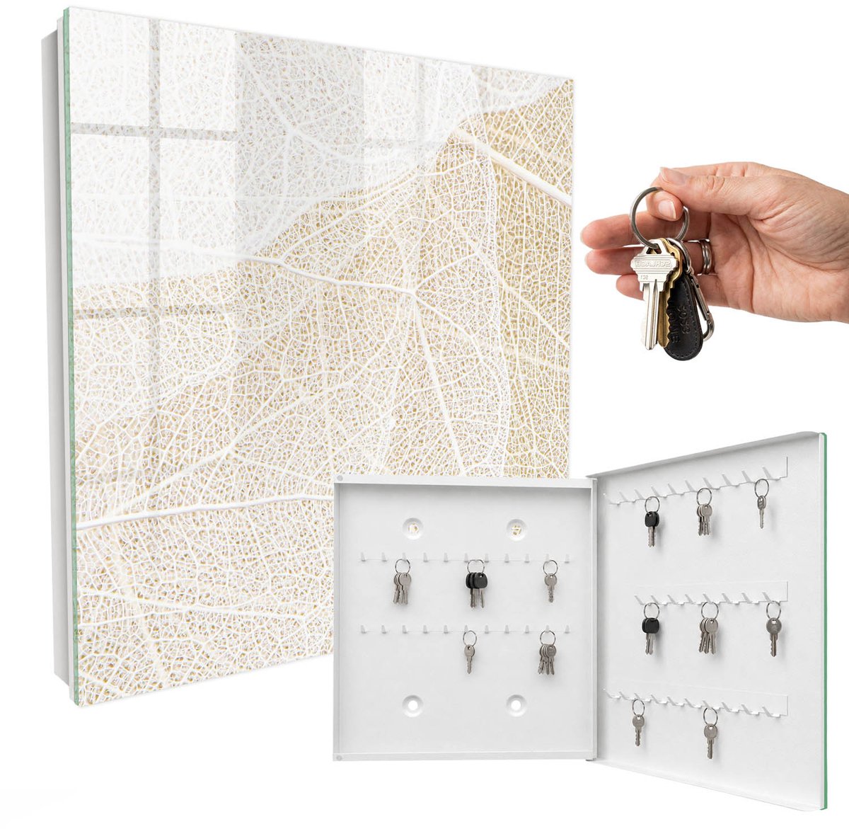 WallMuralia - Sleutelkast - 30x30x5 cm - met 50 haken - Subtiele Elegantie Sleutelkastje Binnen - Beige Sleutelbox - Rechtsopenend - Wit interieur