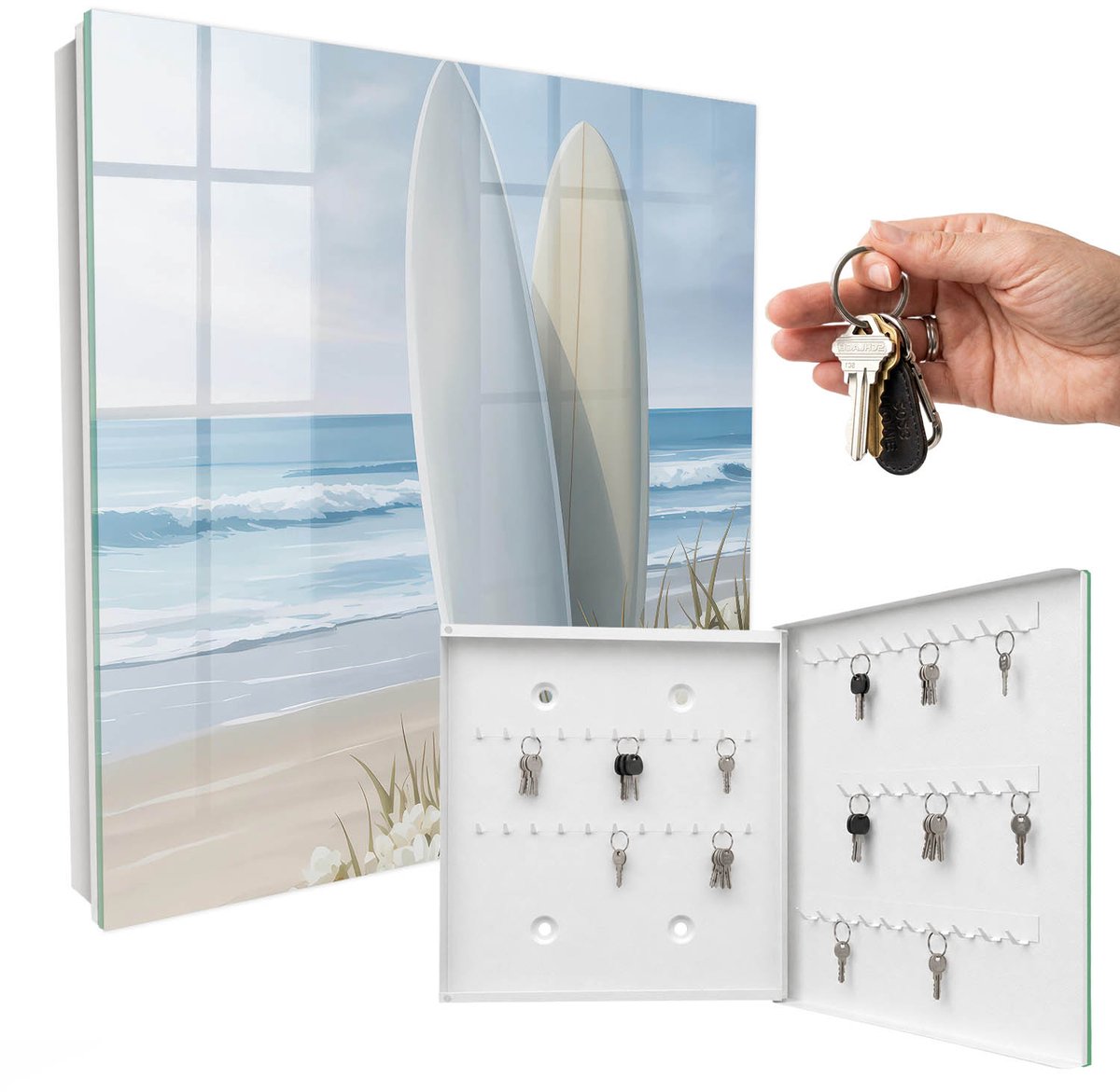 WallMuralia - Sleutelkast - 30x30x5 cm - met 50 haken - Ontspanning Aan Het Strand Sleutelkastje Landelijk - Wit Sleutelbox - Rechtsopenend - Wit interieur
