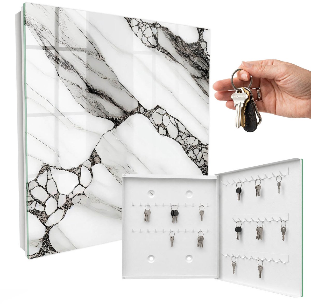 WallMuralia - Sleutelkast - 30x30x5 cm - met 50 haken - Marmerpatroon Sleutelkastje Hal - Wit Sleutelbox - Rechtsopenend - Wit interieur