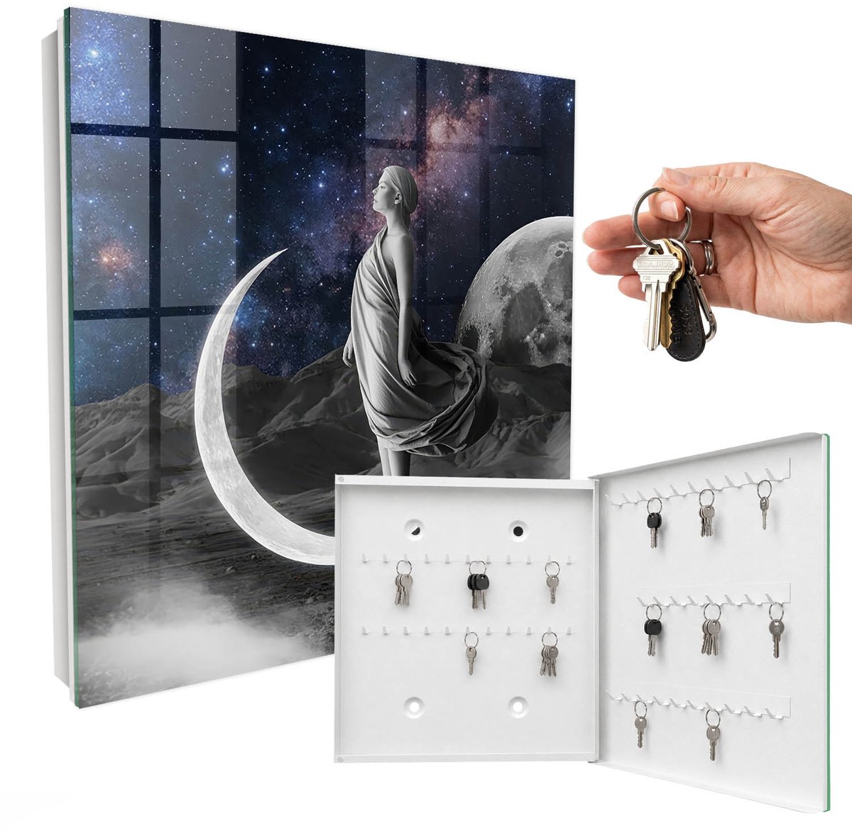 WallMuralia - Sleutelkast - 30x30x5 cm - met 50 haken - Ruimtefantasie Sleutelkastje Muur - Marine Sleutelbox - Rechtsopenend - Wit interieur
