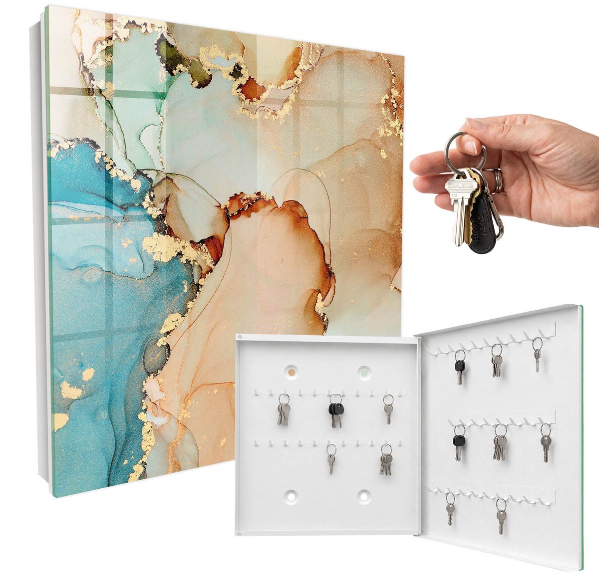 WallMuralia - Sleutelkast - 30x30x5 cm - met 50 haken - Abstracte Elegantie Sleutelkastje Landelijk - Beige Sleutelbox - Rechtsopenend - Wit interieur