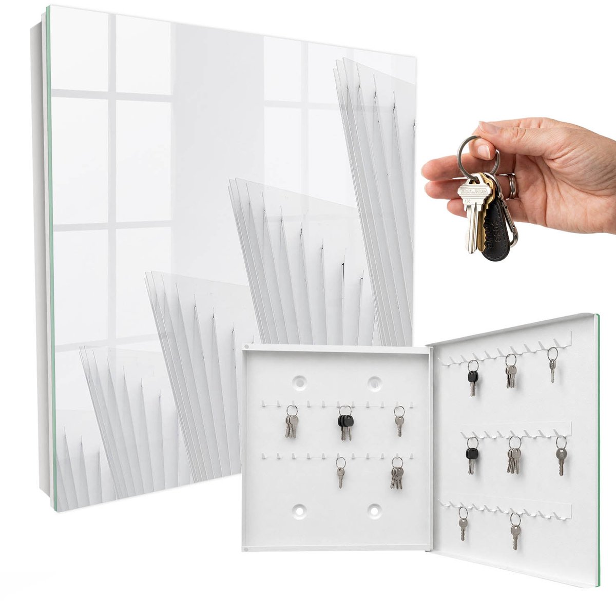 WallMuralia - Sleutelkast - 30x30x5 cm - met 50 haken - Abstracte Architectuur Sleutelkastje - Wit Sleutelbox - Rechtsopenend - Wit interieur