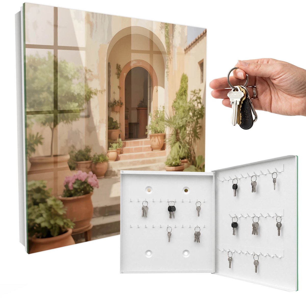 WallMuralia - Sleutelkast - 30x30x5 cm - met 50 haken - Rustieke Tuin Sleutelkastje Voor Binnen - Romig Sleutelbox - Rechtsopenend - Wit interieur