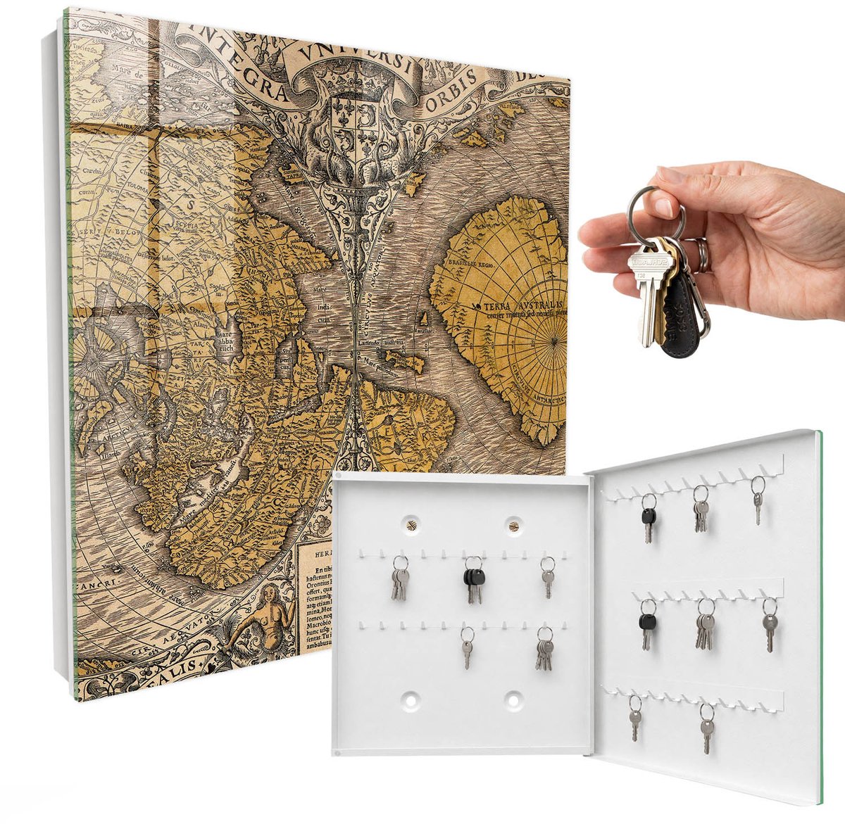 WallMuralia - Sleutelkast - 30x30x5 cm - met 50 haken - Antieke Oude Kaart Design Sleutelkastje - Geel Sleutelbox - Rechtsopenend - Wit interieur