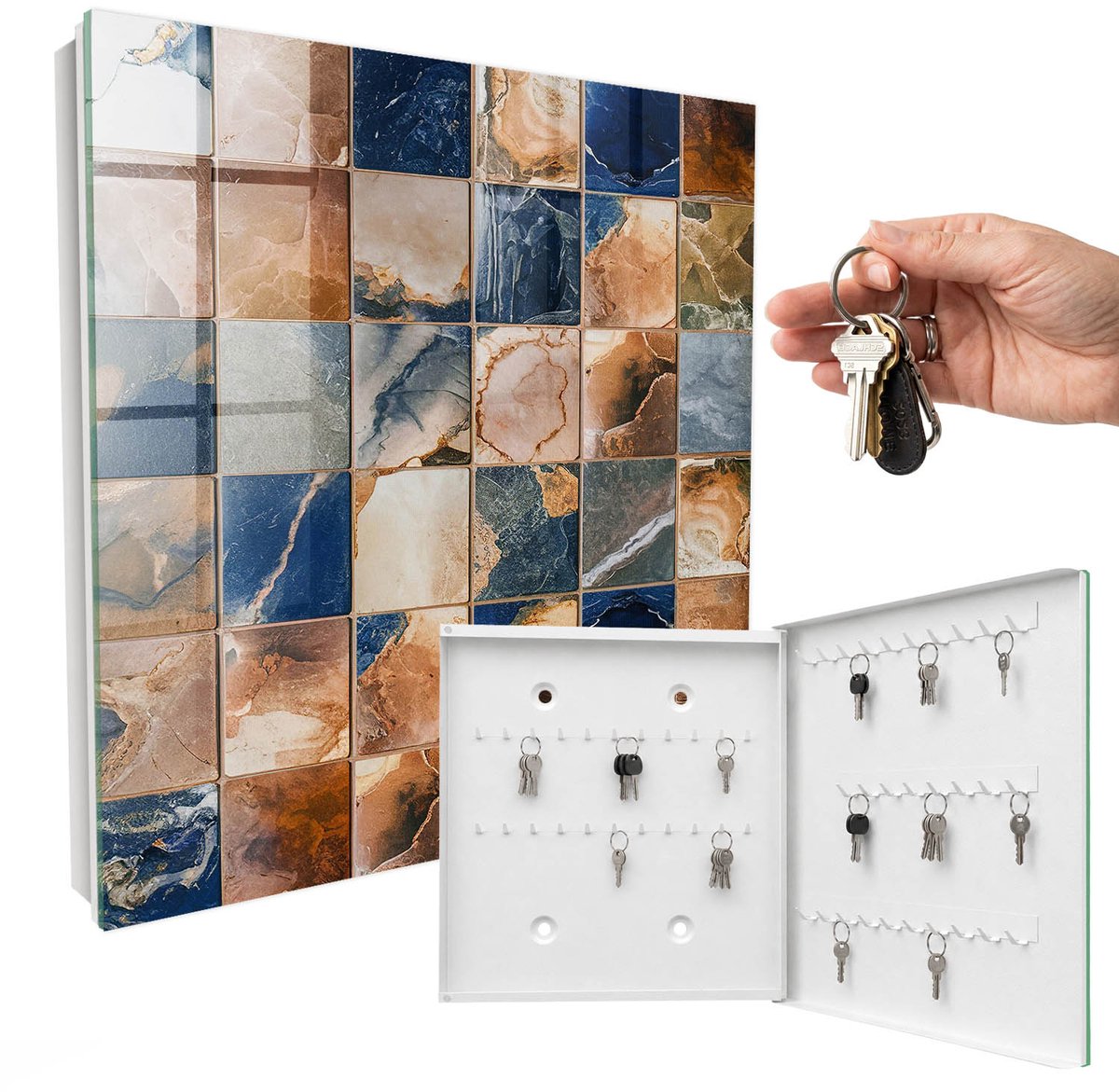 WallMuralia - Sleutelkast - 30x30x5 cm - met 50 haken - Marmeren Mozaïek Sleutelkastje Voor Binnen - Bruin Sleutelbox - Rechtsopenend - Wit interieur