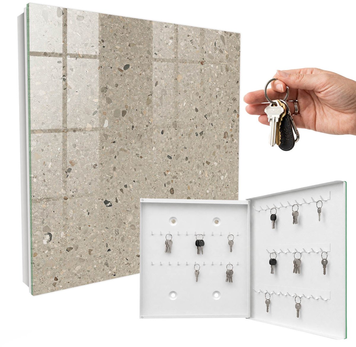 WallMuralia - Sleutelkast - 30x30x5 cm - met 50 haken - Kiezeltextuur Sleutelkastje Industrieel - Beige Sleutelbox - Rechtsopenend - Wit interieur