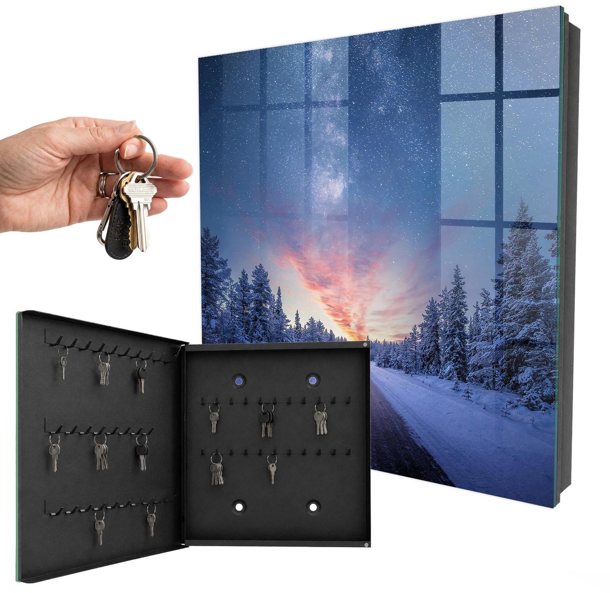 WallMuralia - Sleutelkast - 30x30x5 cm - met 50 haken - Sterren Boven De Weg Leuk Sleutelkastje - Blauw Sleutelbox - Linksopenend - Zwart interieur
