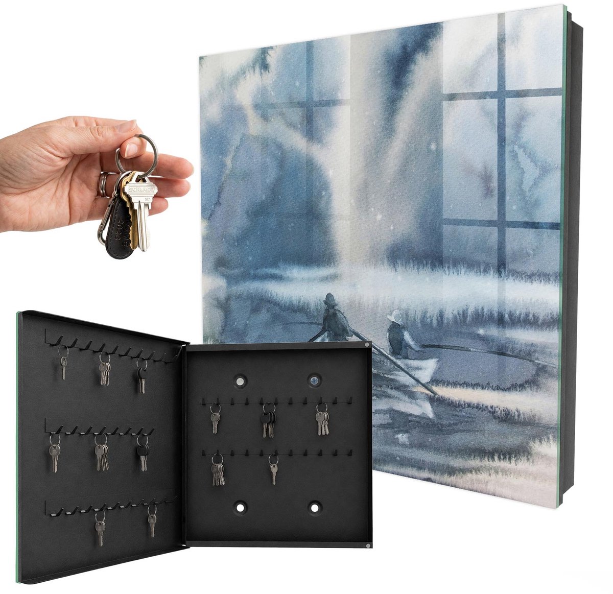 WallMuralia - Sleutelkast - 30x30x5 cm - met 50 haken - Gedwongen Stilte Sleutelkastje Industrieel - Blauw Sleutelbox - Linksopenend - Zwart interieur