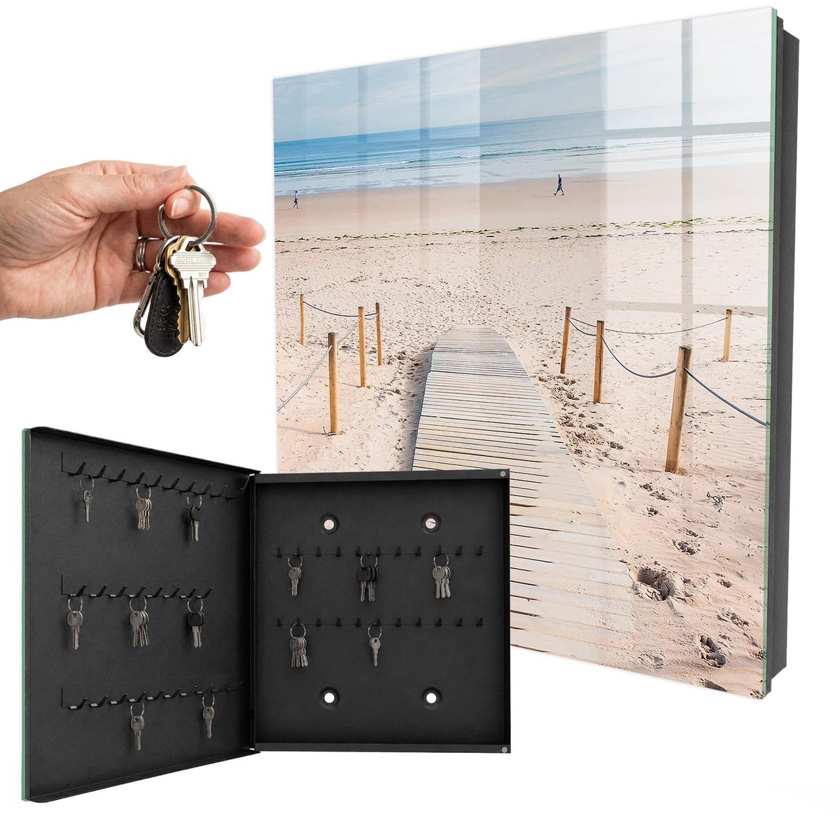 WallMuralia - Sleutelkast - 30x30x5 cm - met 50 haken - Zeestrand Design Sleutelkastje - Beige Sleutelbox - Linksopenend - Zwart interieur