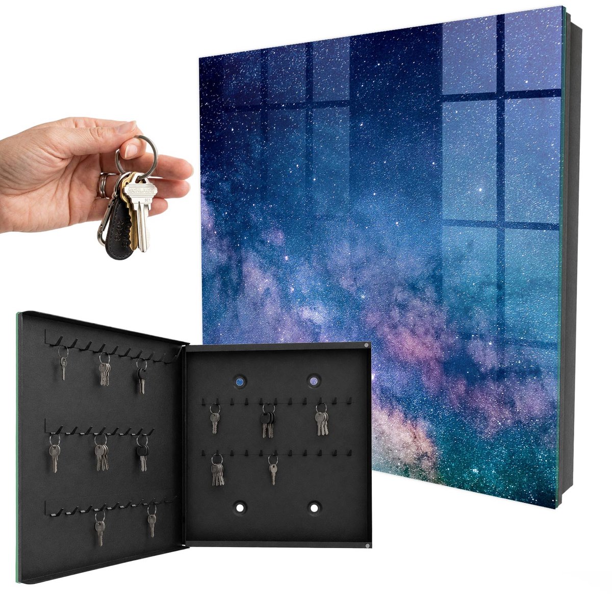 WallMuralia - Sleutelkast - 30x30x5 cm - met 50 haken - Kosmische Nacht Sleutelkastje Voor Binnen - Blauw Sleutelbox - Linksopenend - Zwart interieur