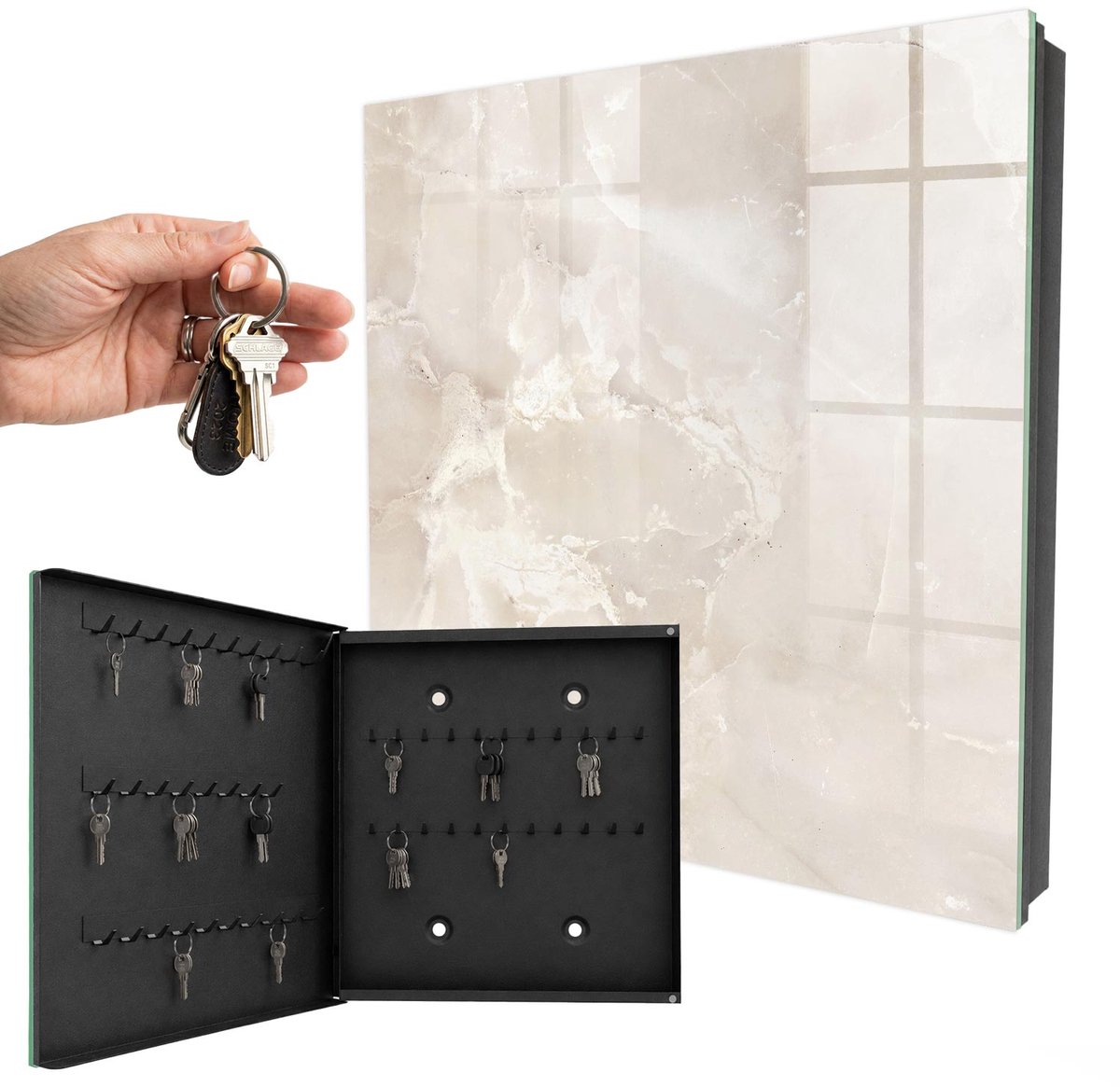 WallMuralia - Sleutelkast - 30x30x5 cm - met 50 haken - Marmeren Elegantie Sleutelkastje Hal - Beige Sleutelbox - Linksopenend - Zwart interieur