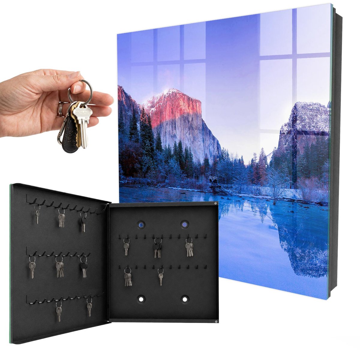 WallMuralia - Sleutelkast - 30x30x5 cm - met 50 haken - De Magie Van Het Landschap Sleutelkastje Klein - Blauw Sleutelbox - Linksopenend - Zwart interieur