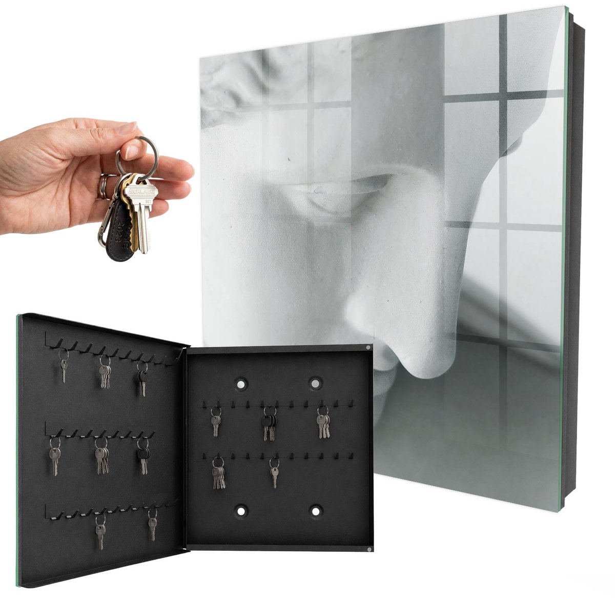 WallMuralia - Sleutelkast - 30x30x5 cm - met 50 haken - Klassieke Vrede Sleutelkastje Muur - Wit Sleutelbox - Linksopenend - Zwart interieur