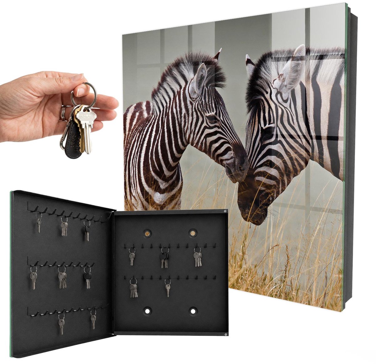 WallMuralia - Sleutelkast - 30x30x5 cm - met 50 haken - Zebra'S Samen Design Sleutelkastje - Zwart-Wit Sleutelbox - Linksopenend - Zwart interieur
