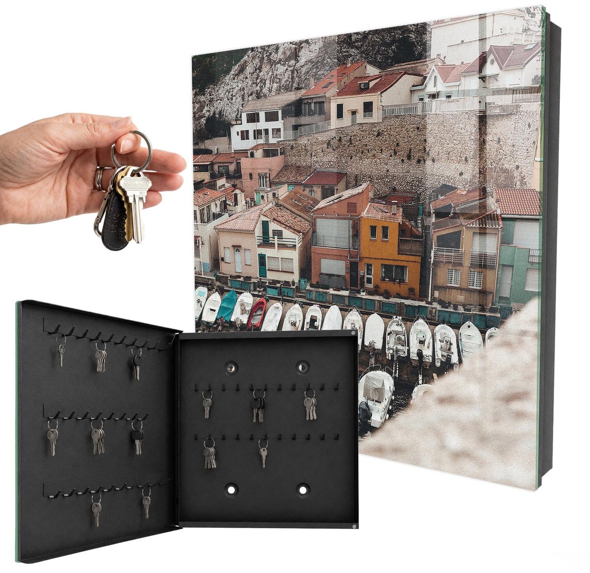 WallMuralia - Sleutelkast - 30x30x5 cm - met 50 haken - Een Kustplaats Sleutelkastje Design - Beige Sleutelbox - Linksopenend - Zwart interieur