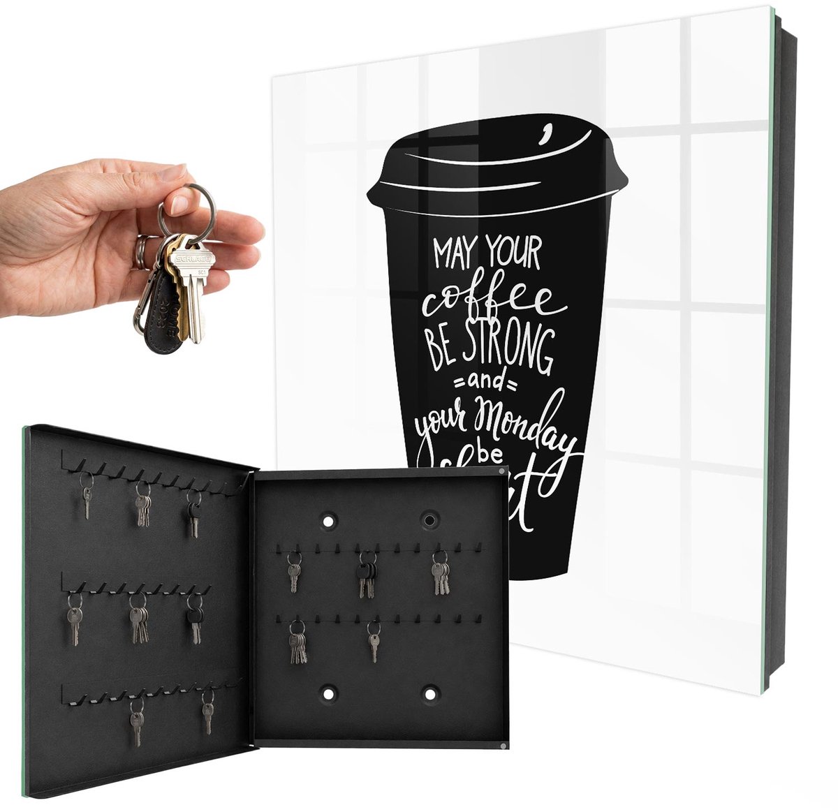 WallMuralia - Sleutelkast - 30x30x5 cm - met 50 haken - Koffie En Humor Groot Sleutelkastje - Zwart Sleutelbox - Linksopenend - Zwart interieur