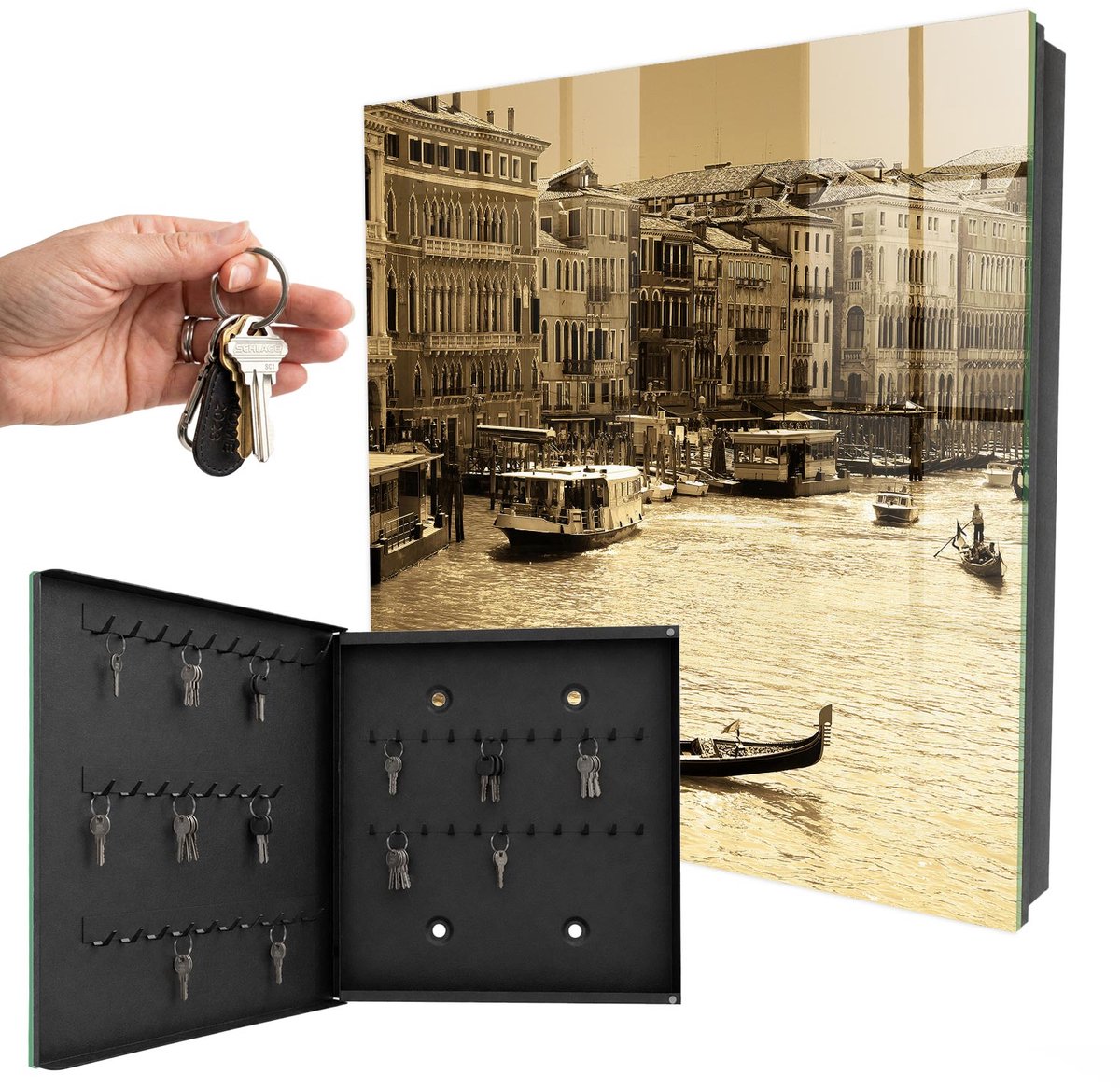 WallMuralia - Sleutelkast - 30x30x5 cm - met 50 haken - Stedelijke Charme Sleutelkastje Modern - Geel Sleutelbox - Linksopenend - Zwart interieur