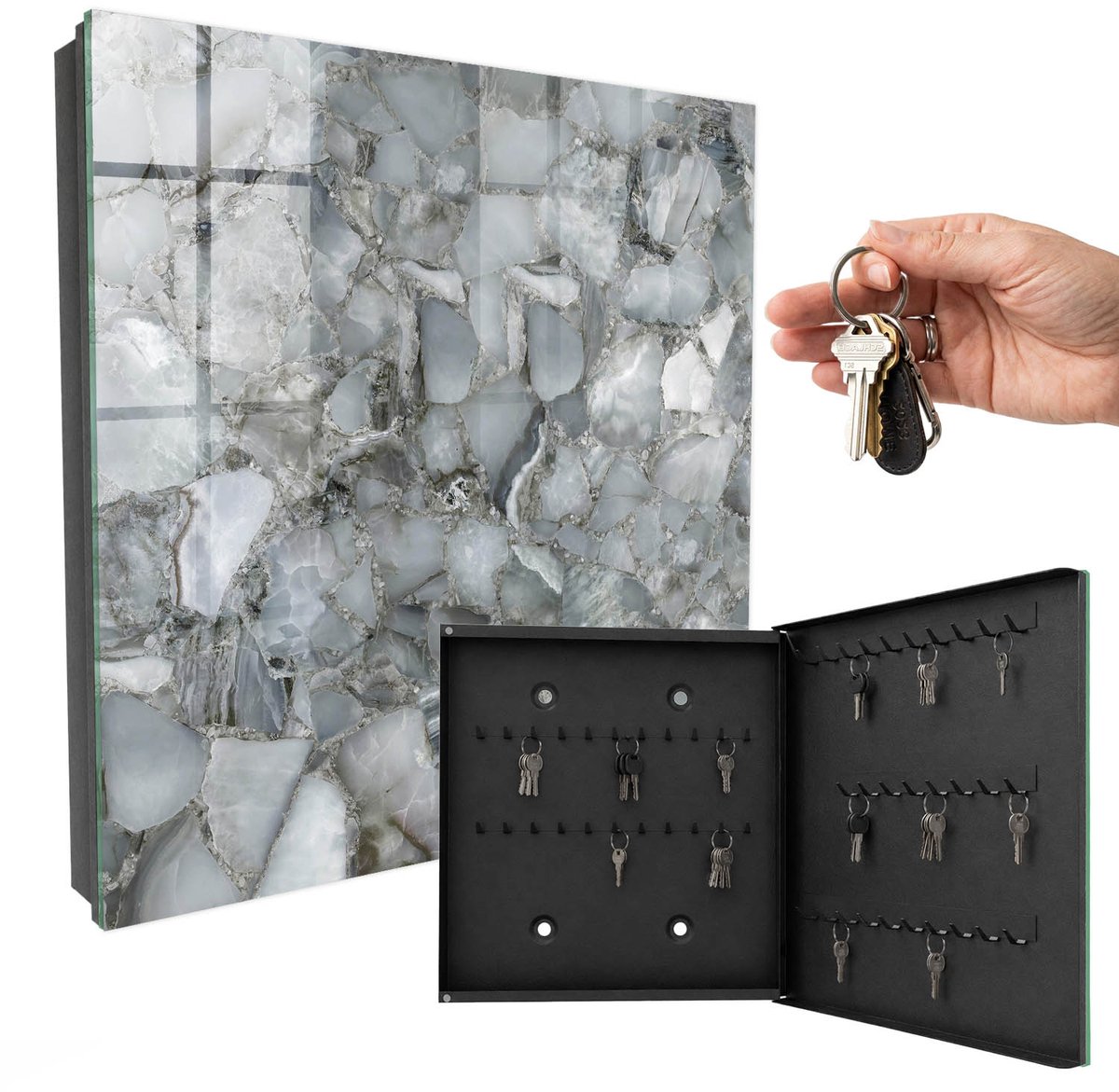 WallMuralia - Sleutelkast - 30x30x5 cm - met 50 haken - Mozaïek Van Steen Sleutelkastje Huis - Grijs Sleutelbox - Rechtsopenend - Zwart interieur
