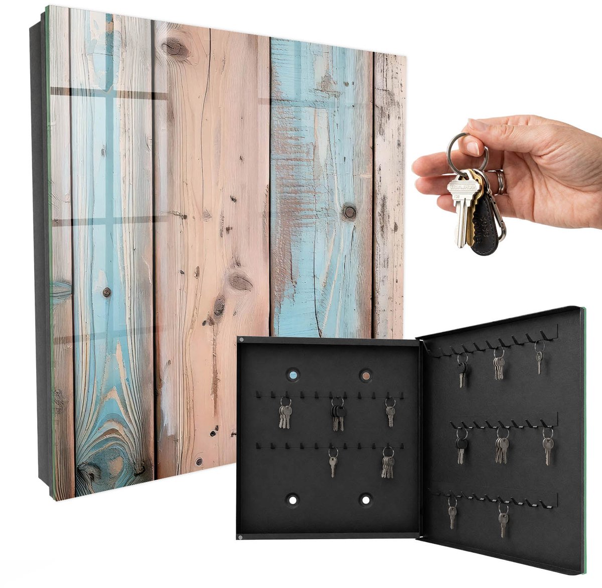 WallMuralia - Sleutelkast - 30x30x5 cm - met 50 haken - Pastelkleurig Hout Sleutelkastje - Blauw Sleutelbox - Rechtsopenend - Zwart interieur