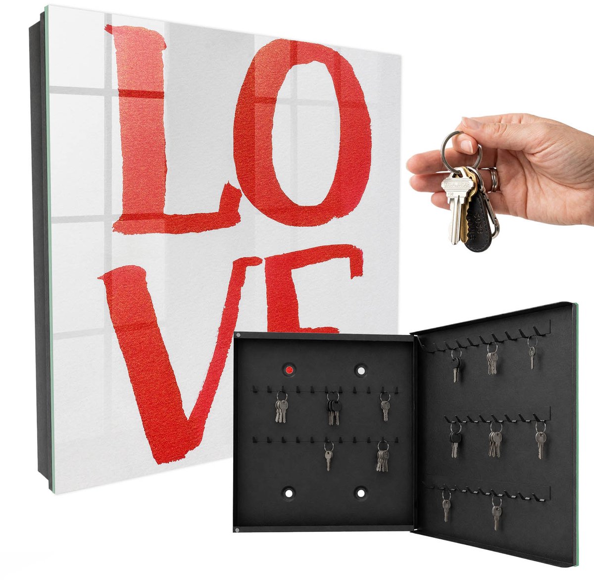 WallMuralia - Sleutelkast - 30x30x5 cm - met 50 haken - Rode Liefde Sleutelkastje Design - Rood Sleutelbox - Rechtsopenend - Zwart interieur