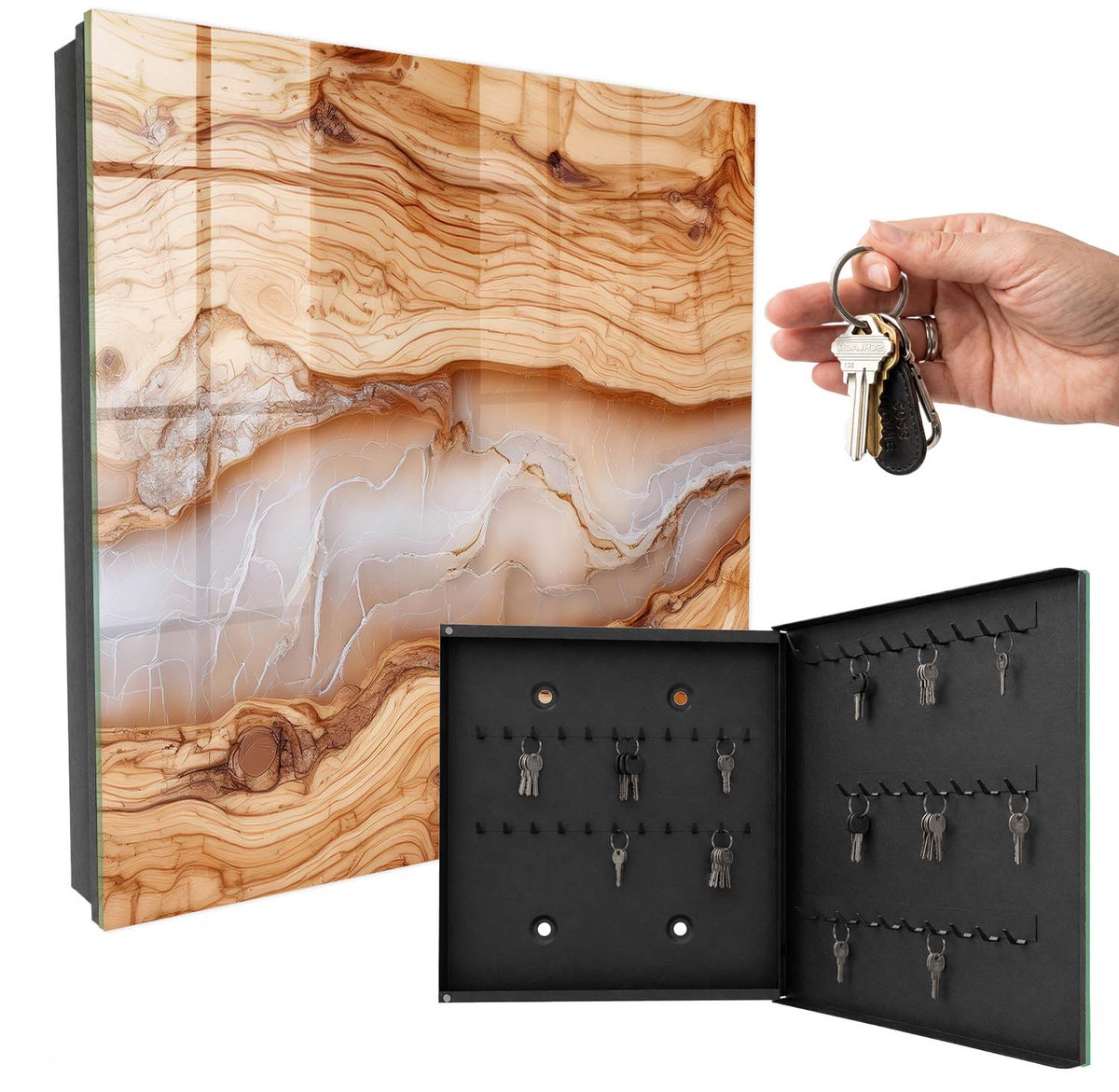 WallMuralia - Sleutelkast - 30x30x5 cm - met 50 haken - Houten Patroon Sleutelkastje Industrieel - Bruin Sleutelbox - Rechtsopenend - Zwart interieur