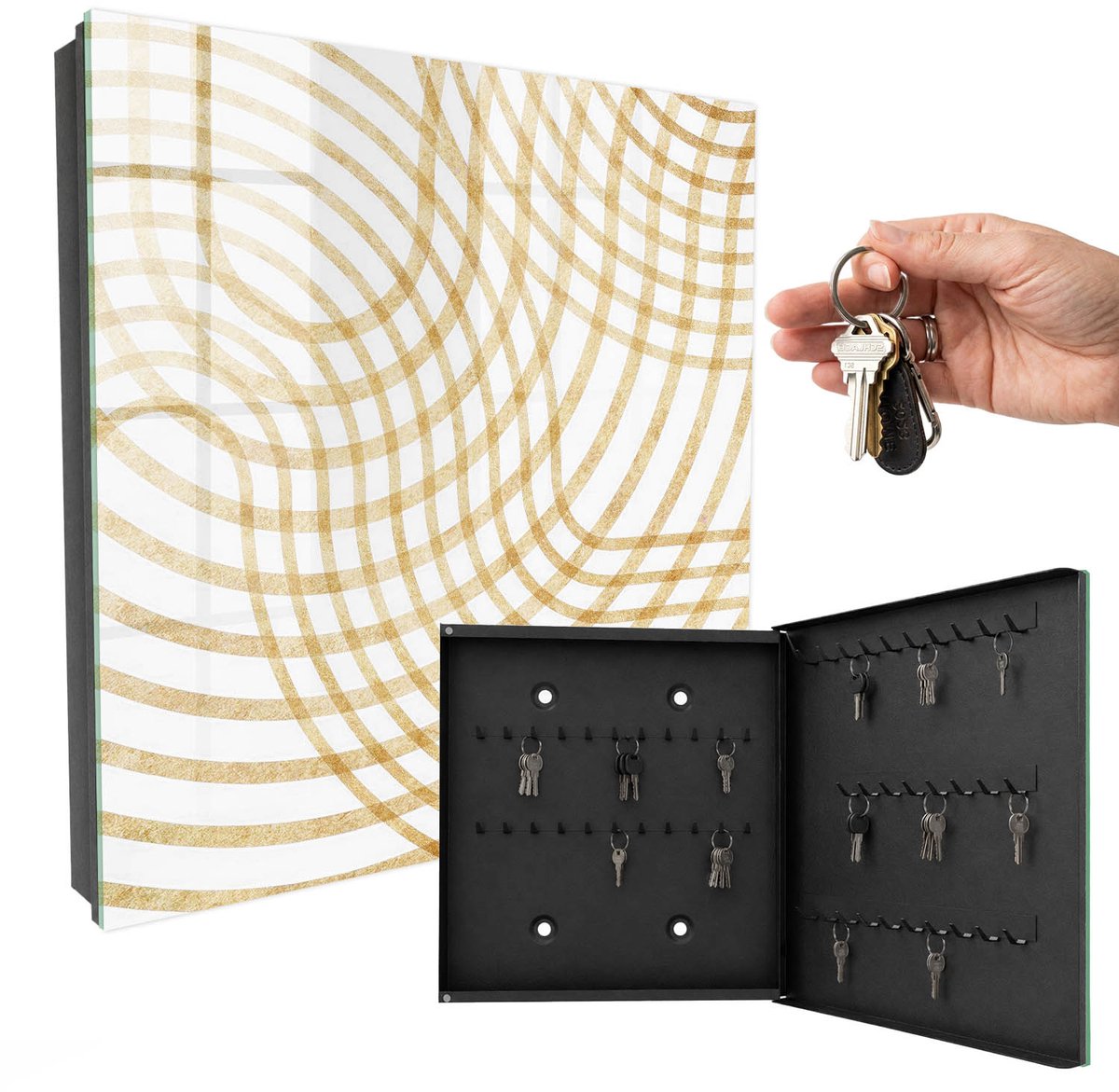 WallMuralia - Sleutelkast - 30x30x5 cm - met 50 haken - Krullende Lijnen Sleutelkastje Landelijk - Geel Sleutelbox - Rechtsopenend - Zwart interieur
