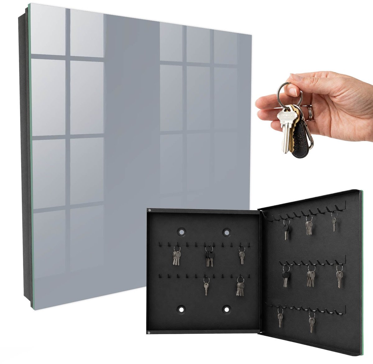 WallMuralia - Sleutelkast - 30x30x5 cm - met 50 haken - Grijs Design Sleutelkastje - Grijs Sleutelbox - Rechtsopenend - Zwart interieur