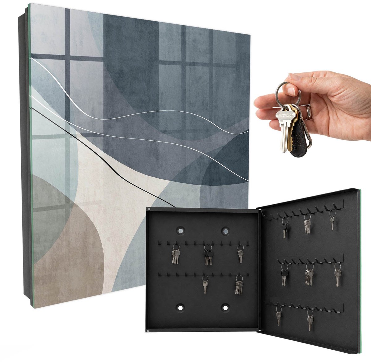 WallMuralia - Sleutelkast - 30x30x5 cm - met 50 haken - Blauwe Abstractie Sleutelkastje Gang - Blauw Sleutelbox - Rechtsopenend - Zwart interieur
