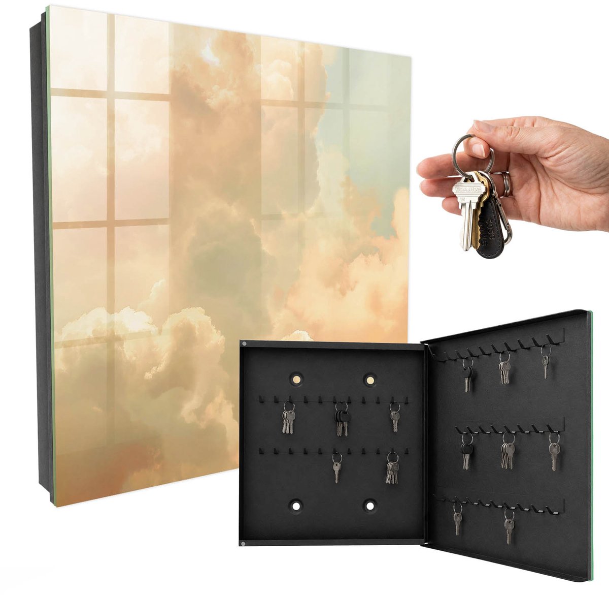 WallMuralia - Sleutelkast - 30x30x5 cm - met 50 haken - Pastelkleurige Wolken Sleutelkastje Klein - Beige Sleutelbox - Rechtsopenend - Zwart interieur