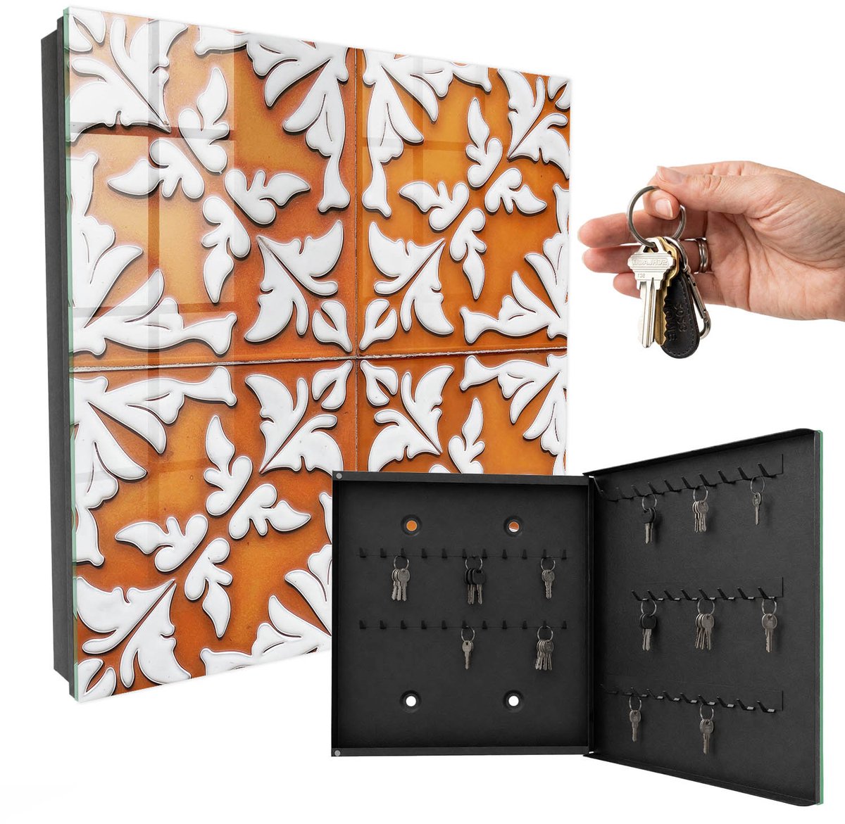 WallMuralia - Sleutelkast - 30x30x5 cm - met 50 haken - Plantmotief Sleutelkastje Hal - Oranje Sleutelbox - Rechtsopenend - Zwart interieur