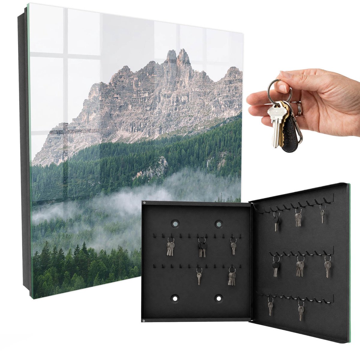 WallMuralia - Sleutelkast - 30x30x5 cm - met 50 haken - Bergpanorama Leuk Sleutelkastje - Groente Sleutelbox - Rechtsopenend - Zwart interieur