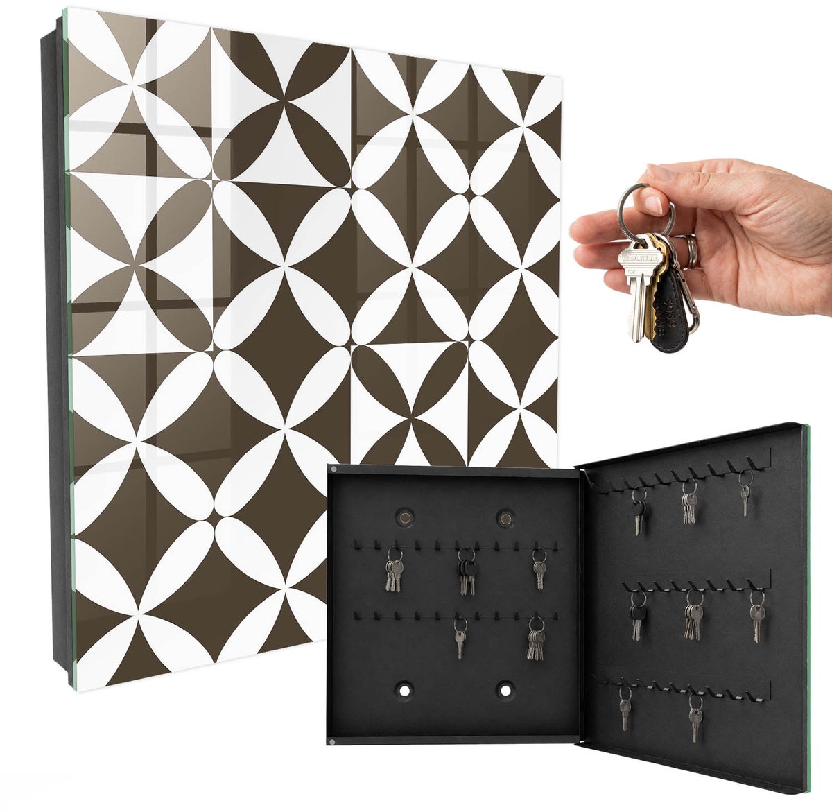 WallMuralia - Sleutelkast - 30x30x5 cm - met 50 haken - Geometrische Compositie Sleutelkastje Voor Binnen - Bruin Sleutelbox - Rechtsopenend - Zwart interieur