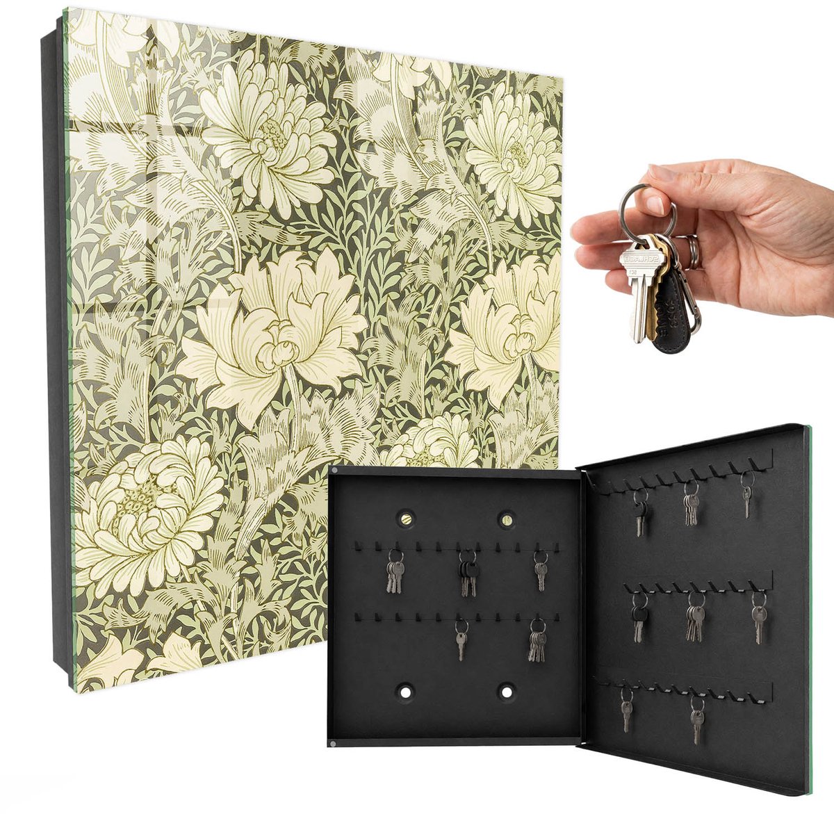 WallMuralia - Sleutelkast - 30x30x5 cm - met 50 haken - Bloemenpatroon Sleutelkastje Huis - Groente Sleutelbox - Rechtsopenend - Zwart interieur