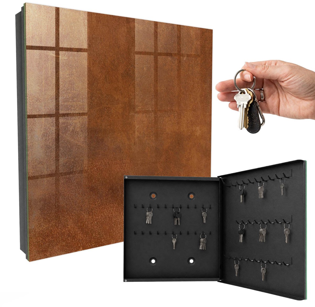 WallMuralia - Sleutelkast - 30x30x5 cm - met 50 haken - Bruine Textuur Sleutelkastje - Bruin Sleutelbox - Rechtsopenend - Zwart interieur