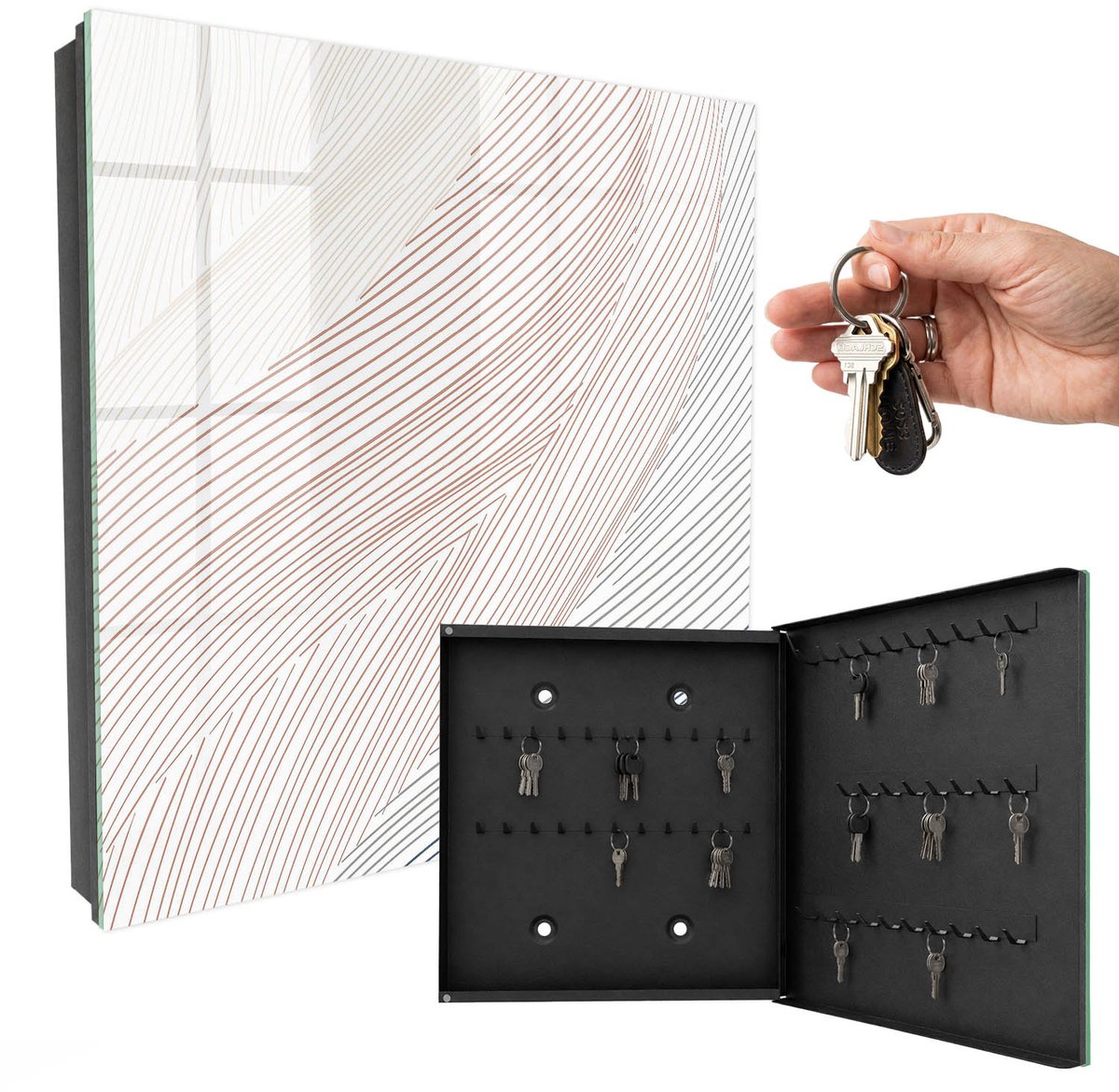 WallMuralia - Sleutelkast - 30x30x5 cm - met 50 haken - Golvende Lijnen Design Sleutelkastje - Beige Sleutelbox - Rechtsopenend - Zwart interieur
