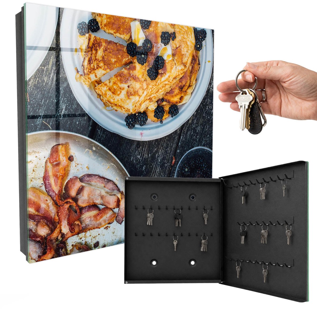 WallMuralia - Sleutelkast - 30x30x5 cm - met 50 haken - Zelfgemaakt Ontbijt Sleutelkastje Hal - Bruin Sleutelbox - Rechtsopenend - Zwart interieur