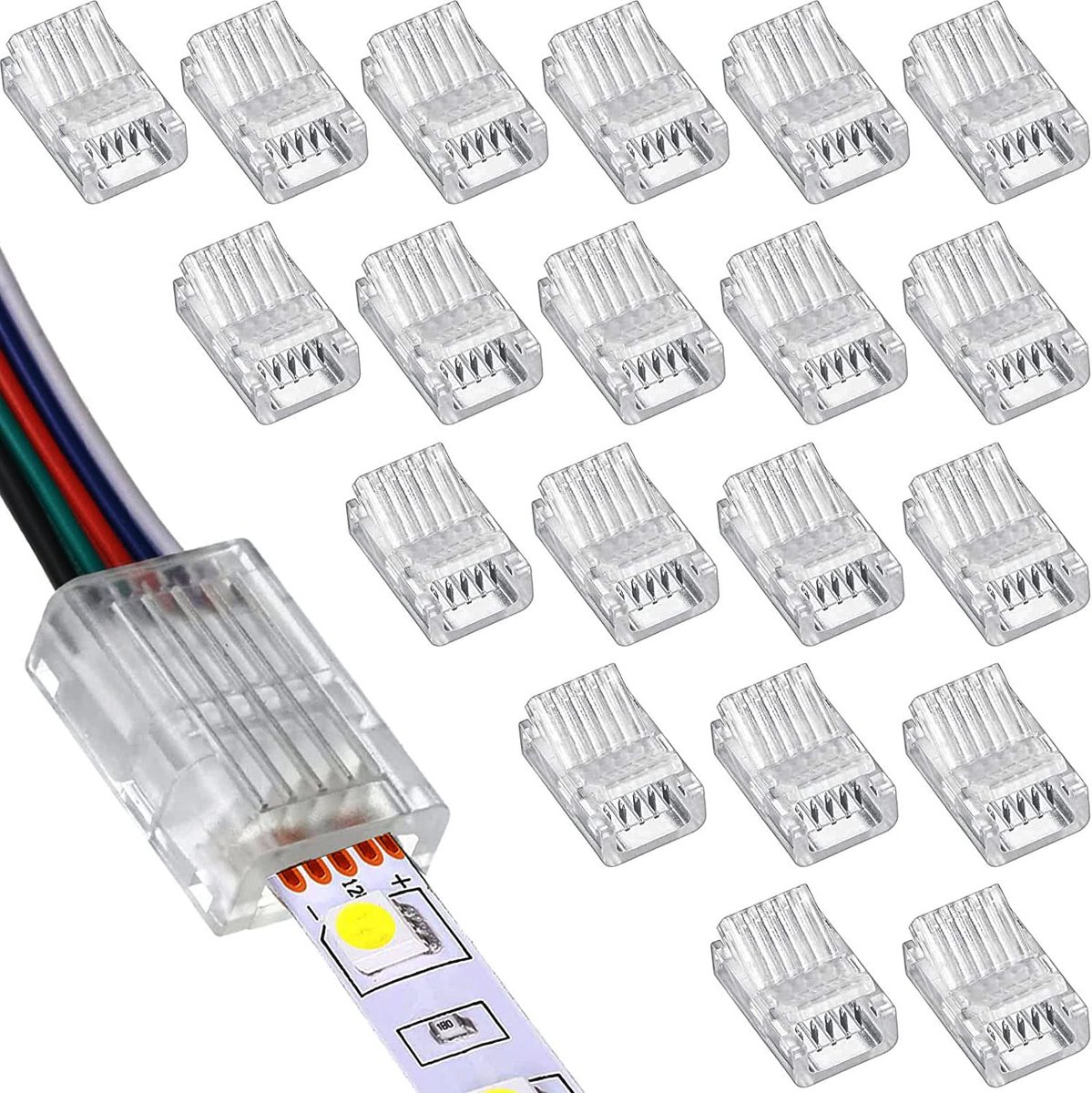 20 stuks ledstripconnector, 5-polig, 10 mm, led soldeervrije stripverbinder, 5-pins verbindingskabel, connector, voor 10 mm breedte SMD 5050 RGBW ledstrip, 5 V, 12 V, 24 V (transparant)
