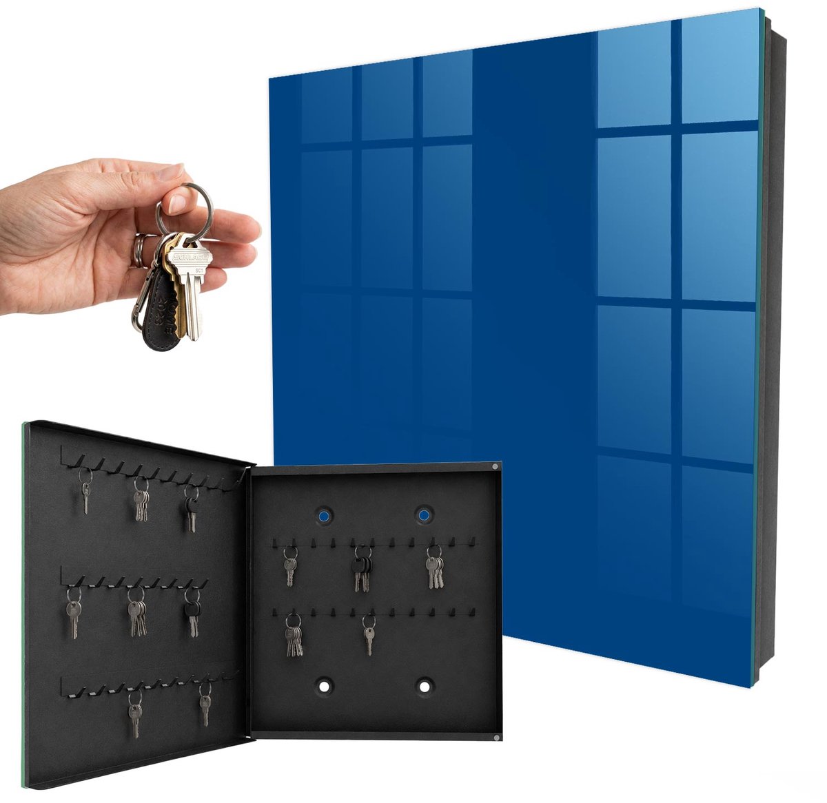WallMuralia - Sleutelkast - 30x30x5 cm - met 50 haken - Donkerblauw Sleutelkastje Industrieel - Marine Sleutelbox - Linksopenend - Zwart interieur