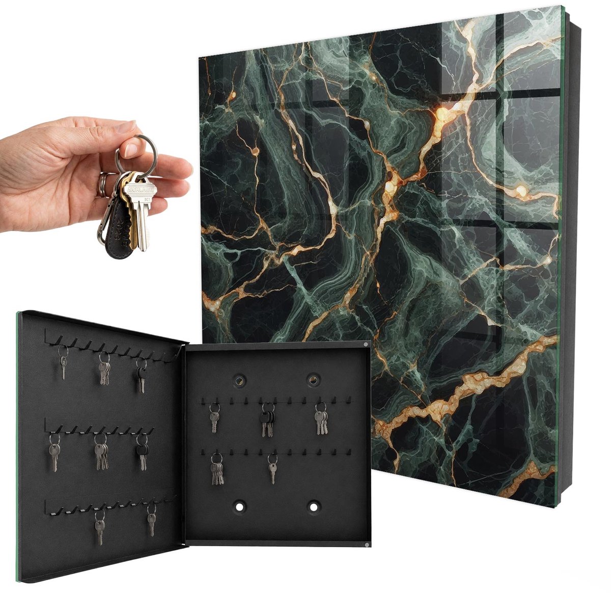 WallMuralia - Sleutelkast - 30x30x5 cm - met 50 haken - Marmeren Elegantie Sleutelkastje Muur - Groente Sleutelbox - Linksopenend - Zwart interieur