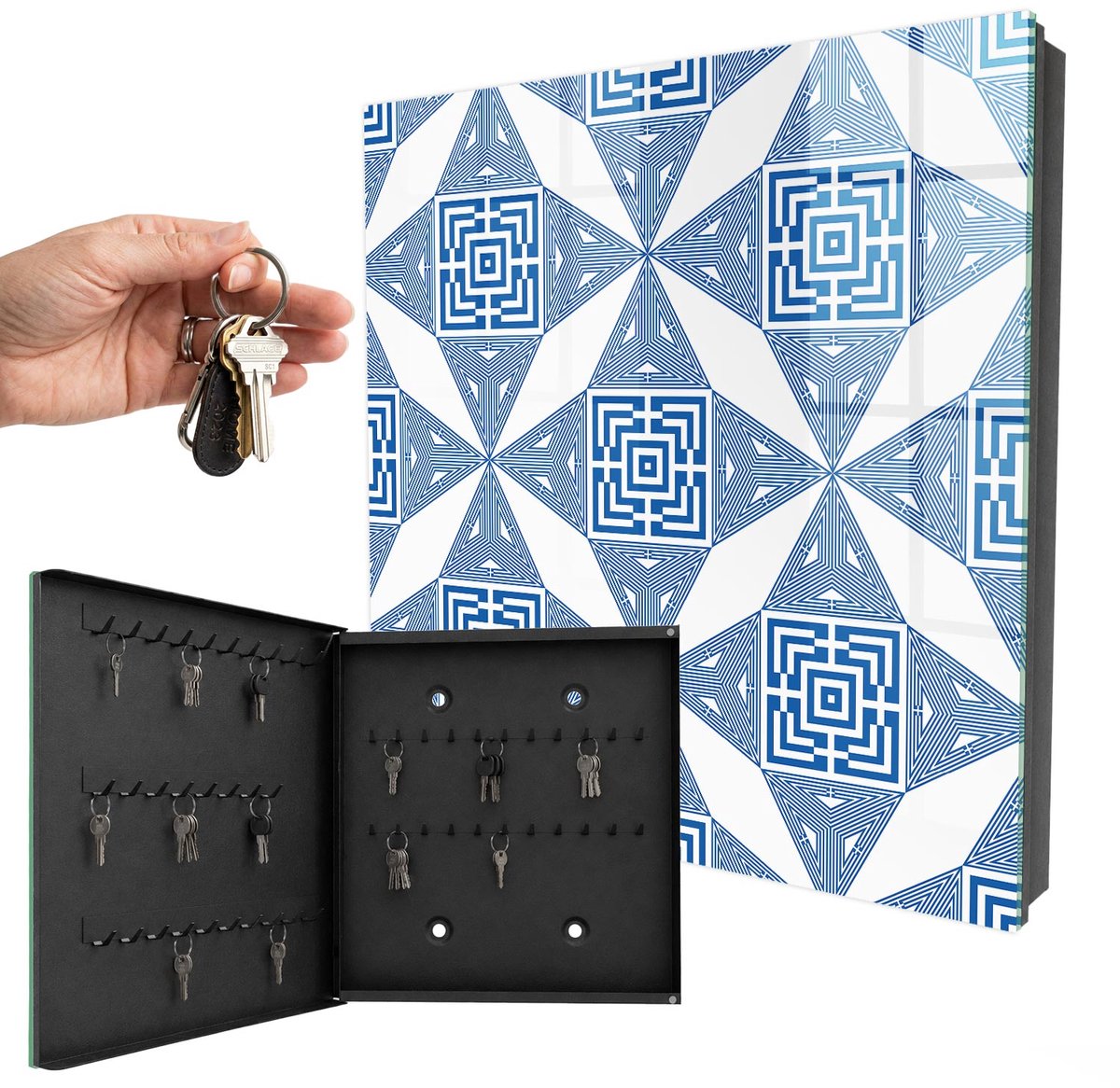WallMuralia - Sleutelkast - 30x30x5 cm - met 50 haken - Geometrisch Patroon Sleutelkastje Hal - Blauw Sleutelbox - Linksopenend - Zwart interieur