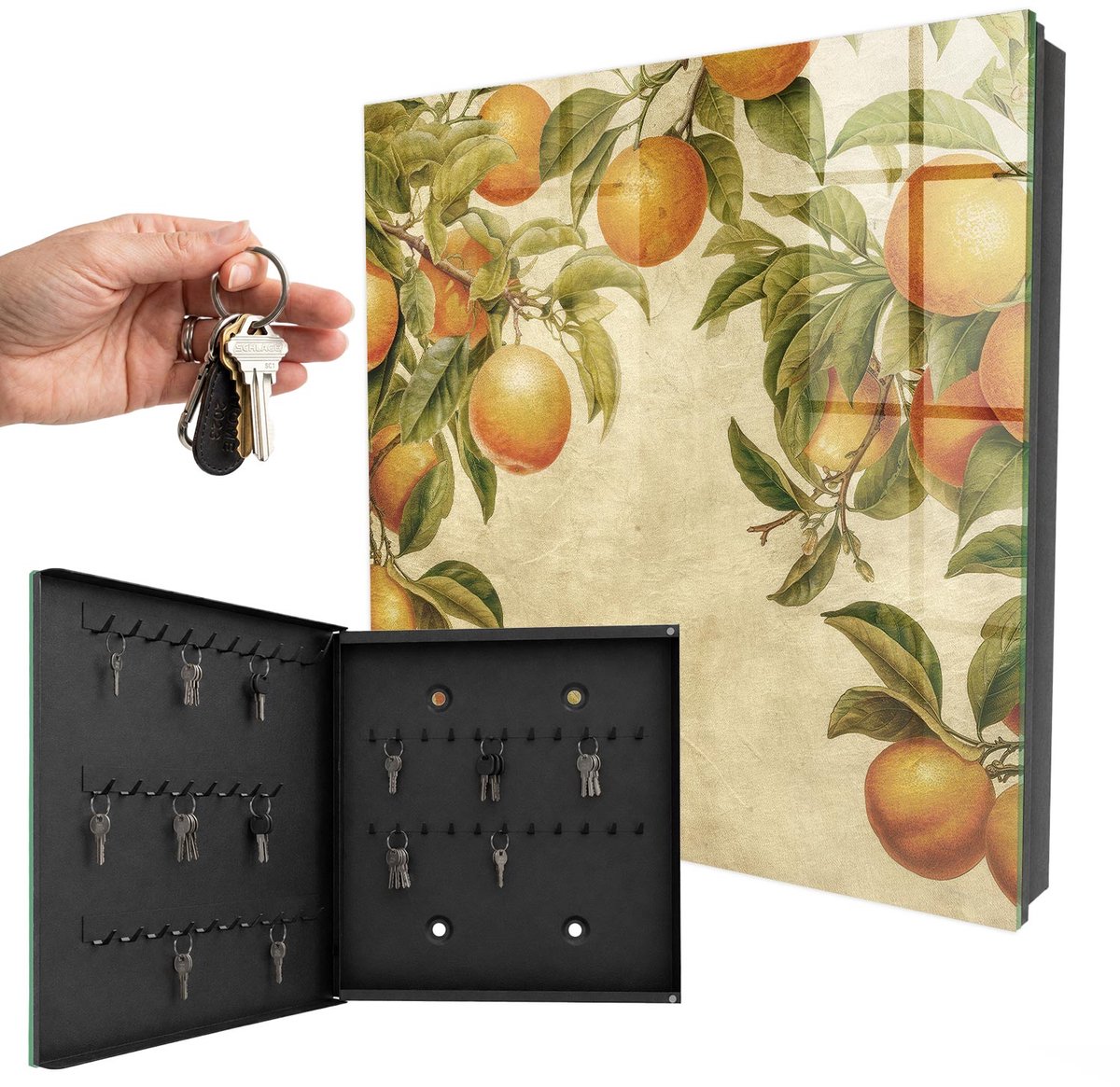 WallMuralia - Sleutelkast - 30x30x5 cm - met 50 haken - Sinaasappels Natuur Sleutelkastje Voor Binnen - Oranje Sleutelbox - Linksopenend - Zwart interieur