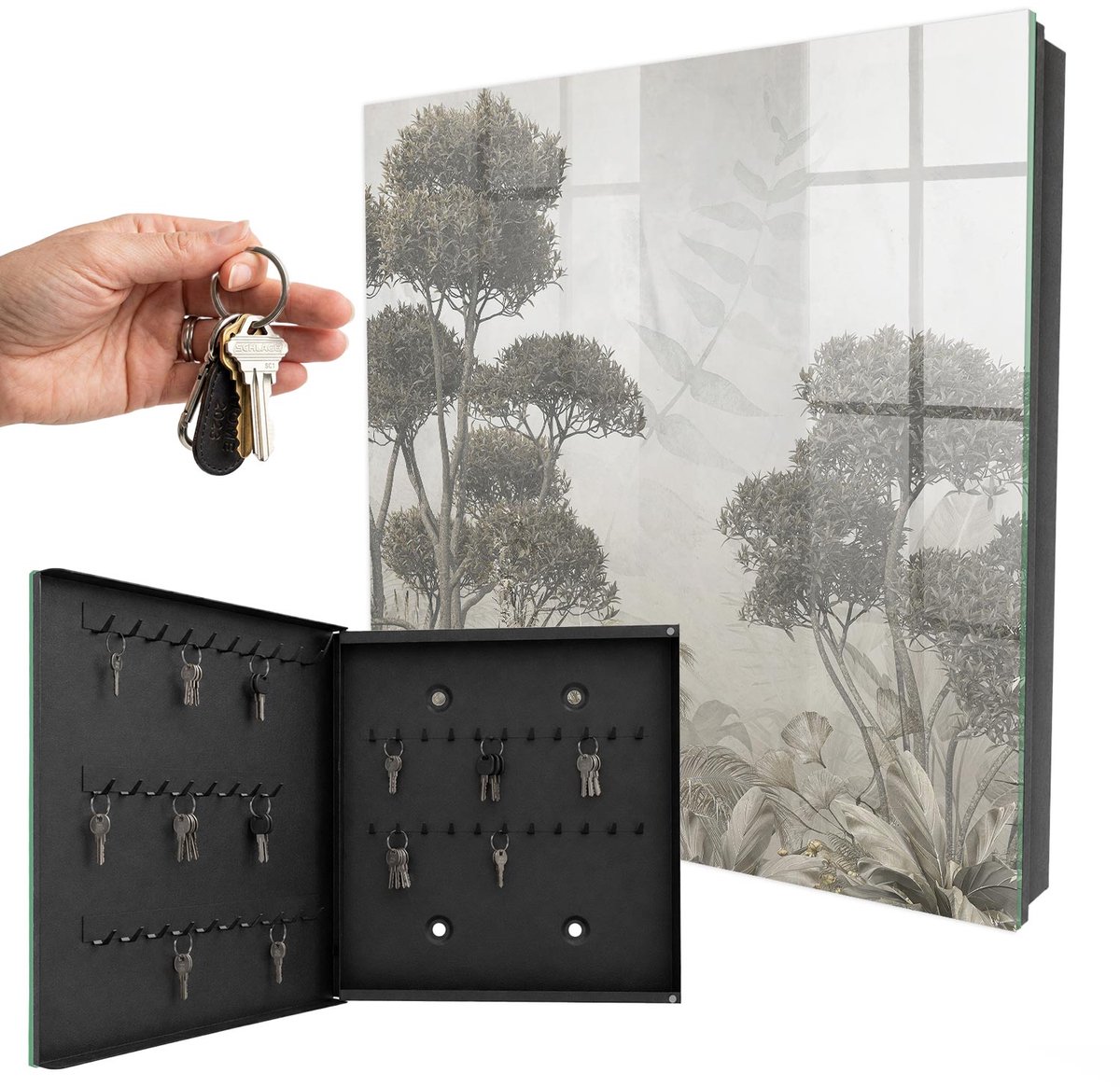 WallMuralia - Sleutelkast - 30x30x5 cm - met 50 haken - Sensuele Natuur Sleutelkastje Industrieel - Grijs Sleutelbox - Linksopenend - Zwart interieur