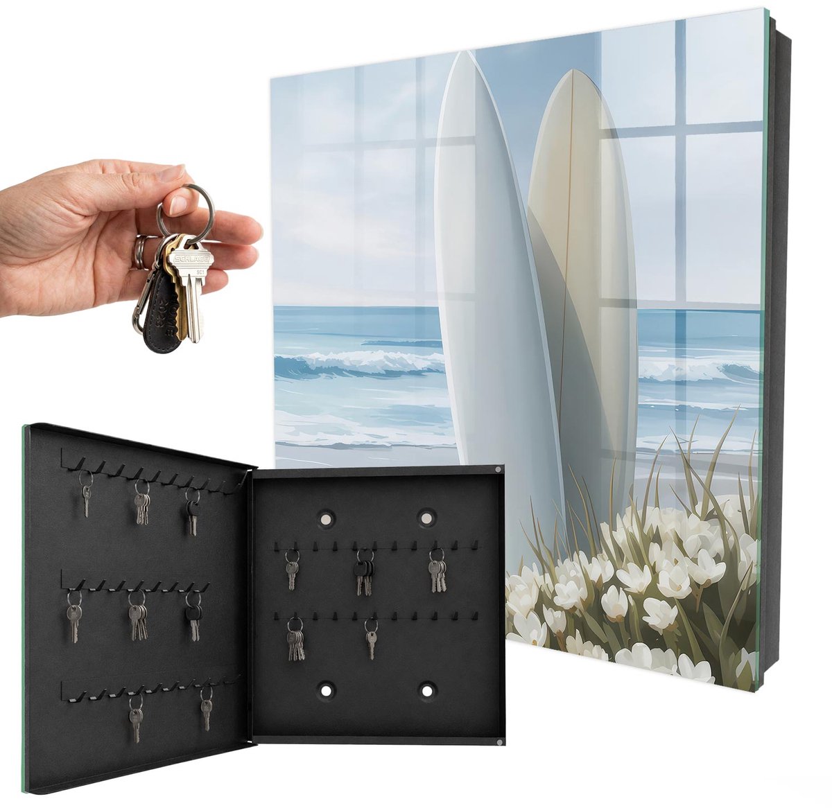 WallMuralia - Sleutelkast - 30x30x5 cm - met 50 haken - Ontspanning Aan Het Strand Groot Sleutelkastje - Wit Sleutelbox - Linksopenend - Zwart interieur