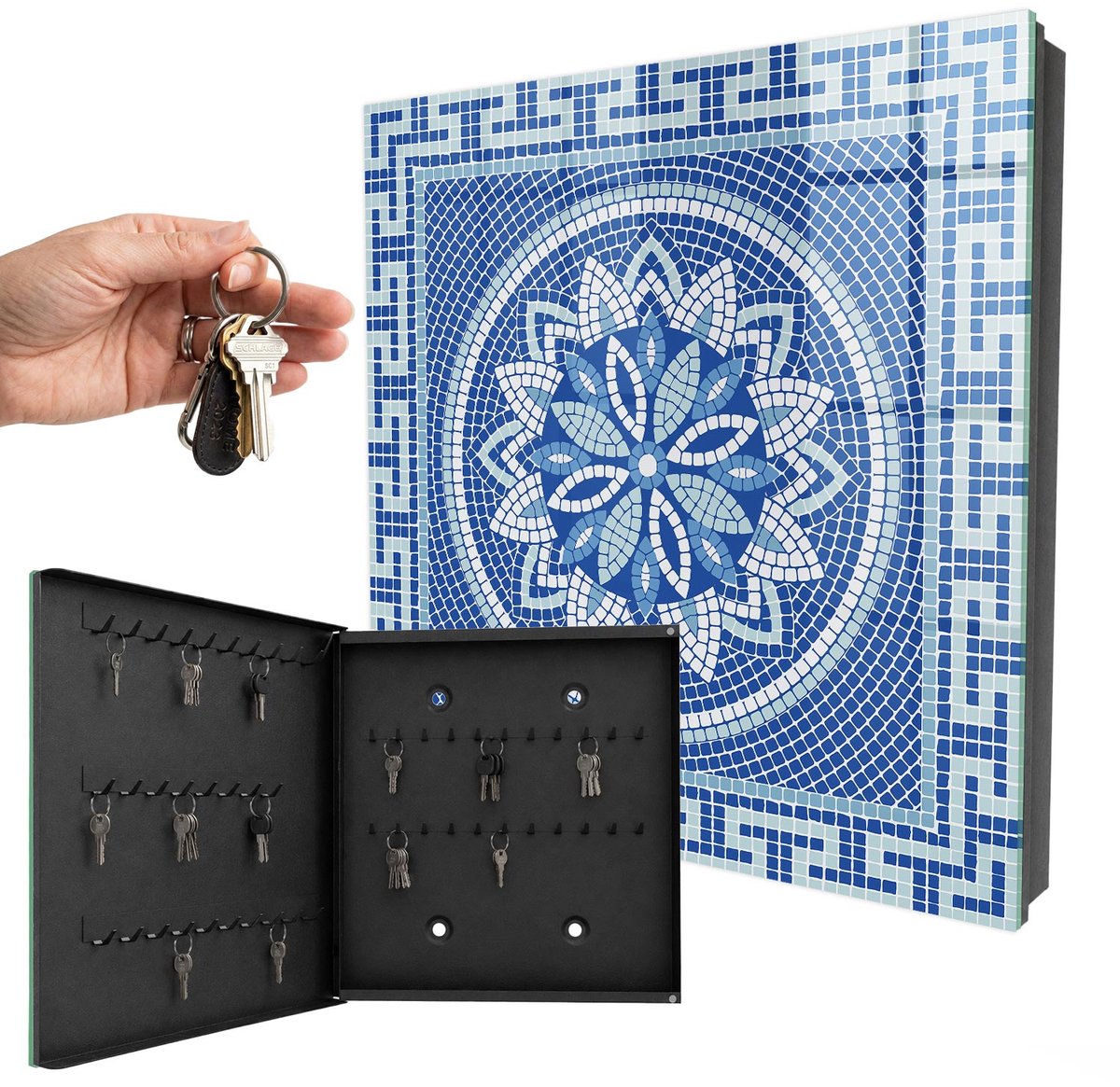 WallMuralia - Sleutelkast - 30x30x5 cm - met 50 haken - Blauw Mozaïek Groot Sleutelkastje - Blauw Sleutelbox - Linksopenend - Zwart interieur