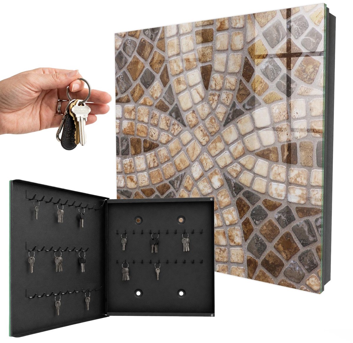 WallMuralia - Sleutelkast - 30x30x5 cm - met 50 haken - Stijlvol Mozaïek Sleutelkastje Binnen - Bruin Sleutelbox - Linksopenend - Zwart interieur